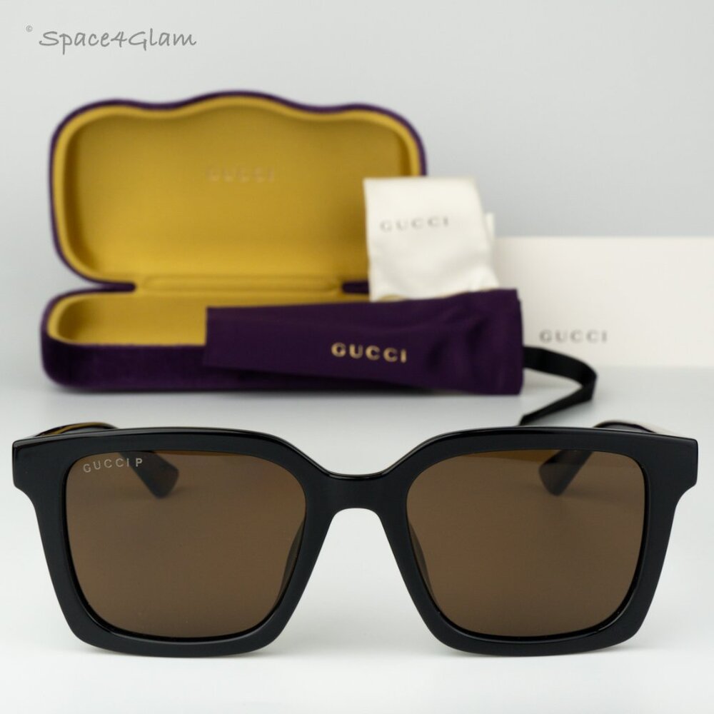 Gucci Men Sunglasses Shiny Black Brown Square GG1582SK 004 NEW AUTHENTIC
